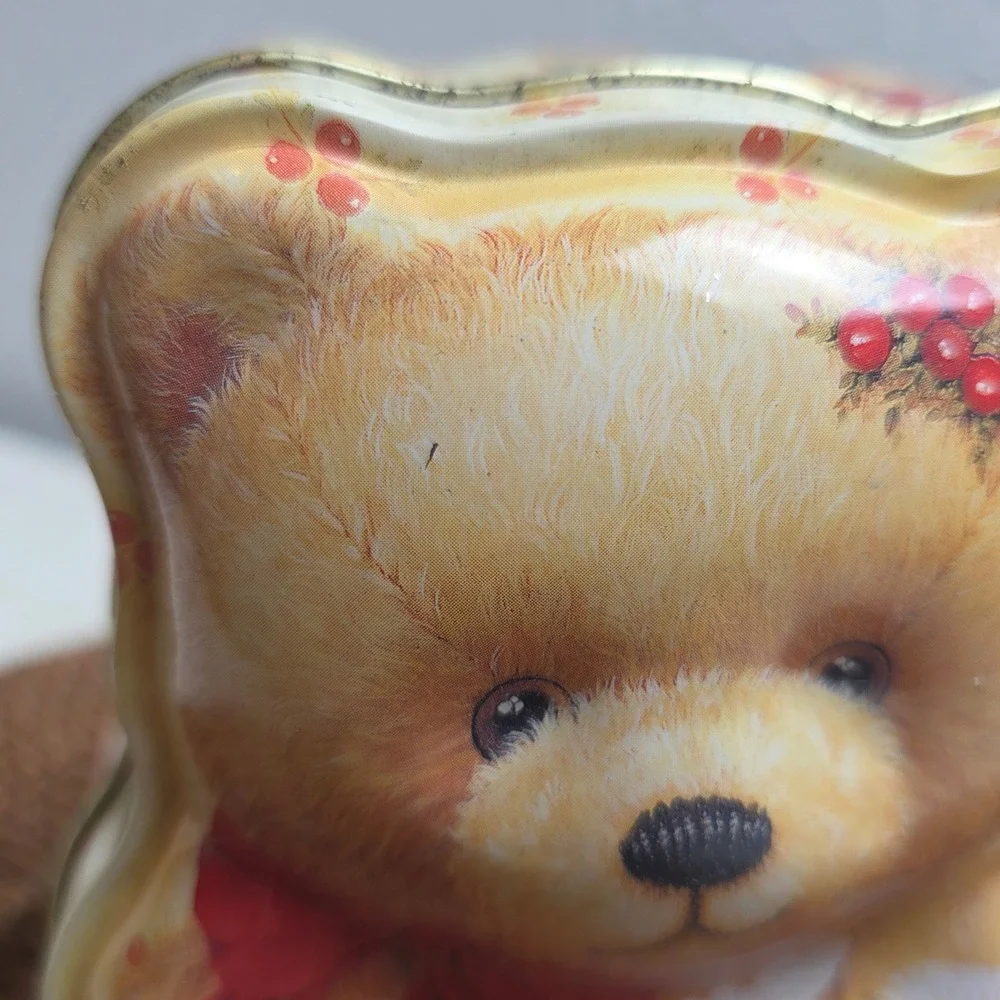 Vintage Christmas Teddy‎ Bear Shaped Tin Box Patchwork Quilt Print With Angel